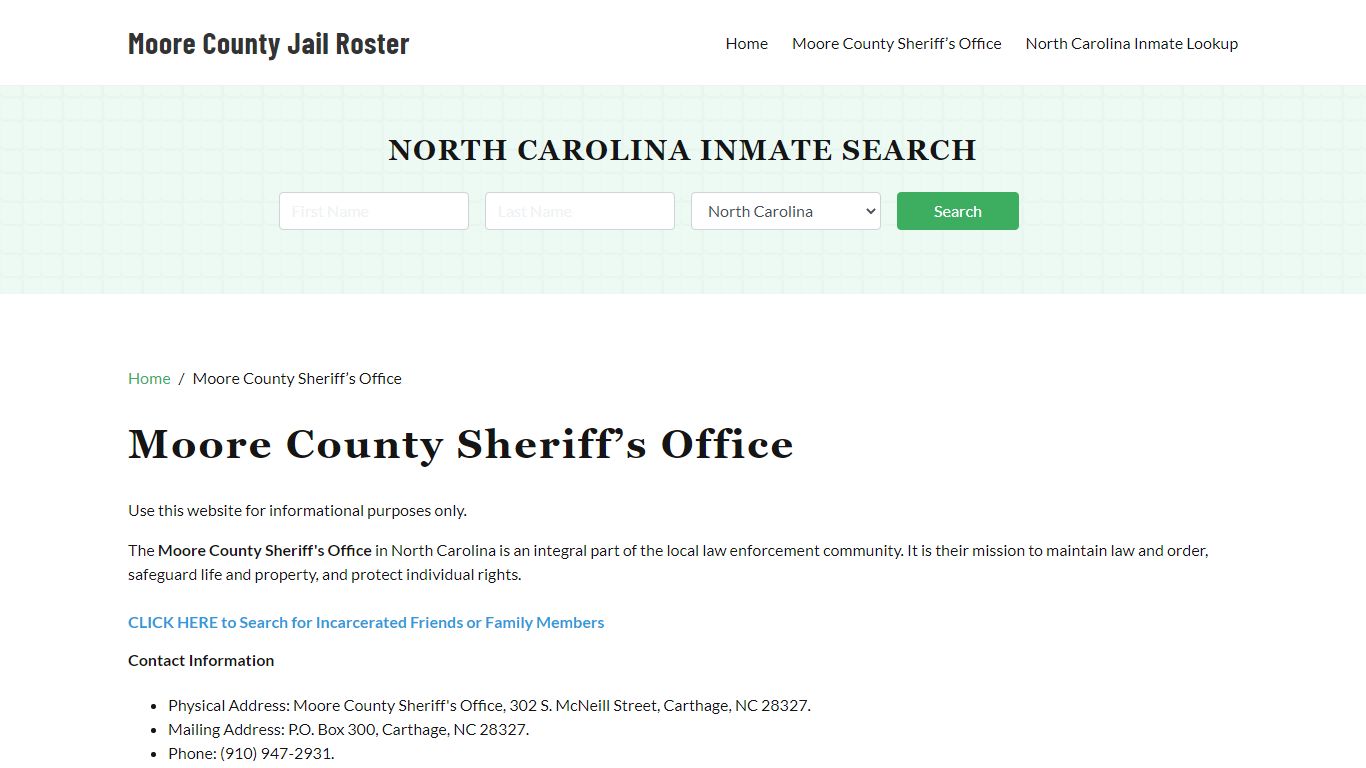 Moore County Sheriff Office, NC, Arrest Warrants Search